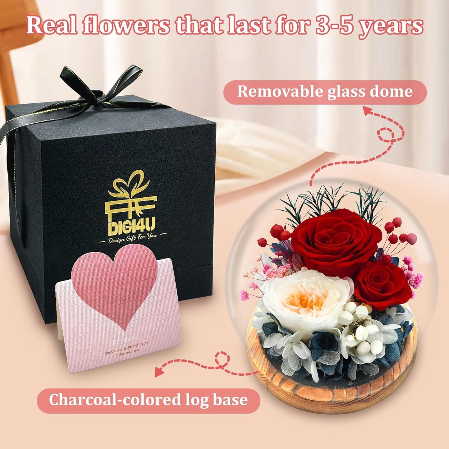 Preserved Flower Rose Gifts for Women, Valentines Day Gifts for Her, Real Rose in Glass Dome with LED Light, Birthday Gifts for Women Girlfriend Grandma Wife Anniversary, Mom Gifts from Daughter Son