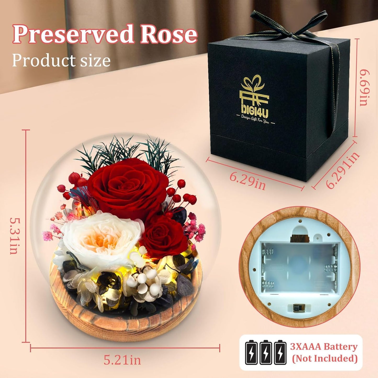 Preserved Flower Rose Gifts for Women, Valentines Day Gifts for Her, Real Rose in Glass Dome with LED Light, Birthday Gifts for Women Girlfriend Grandma Wife Anniversary, Mom Gifts from Daughter Son