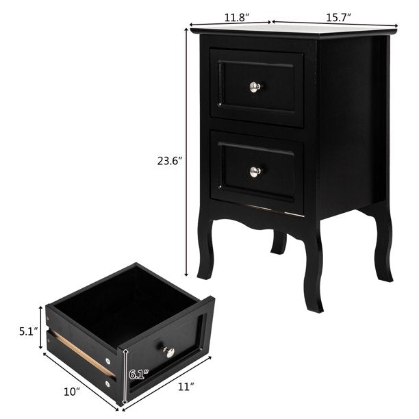 Set of 2 Nightstand Bedroom Bedside Table w/ Drawers Storage, Country Style w/ Metal Handle, Black