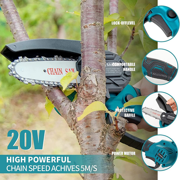 Portable 4 inch Electric Chainsaw Cordless, Handheld Chainsaw for Tree Branches , Courtyard, Household and Garden( Chainsaw + 2 Batteries)