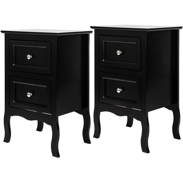 Set of 2 Nightstand Bedroom Bedside Table w/ Drawers Storage, Country Style w/ Metal Handle, Black