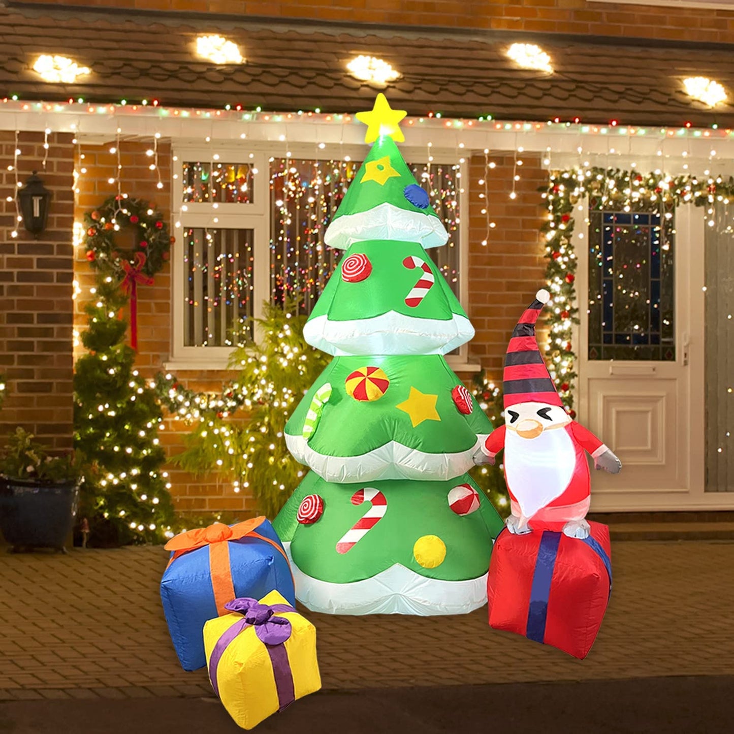 7 FT Inflatable Lighted Christmas Tree w/ 3 Multicolored Gift Boxes & Gnome