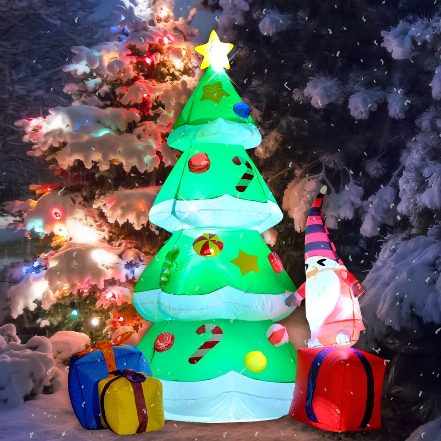 7 FT Inflatable Lighted Christmas Tree w/ 3 Multicolored Gift Boxes & Gnome