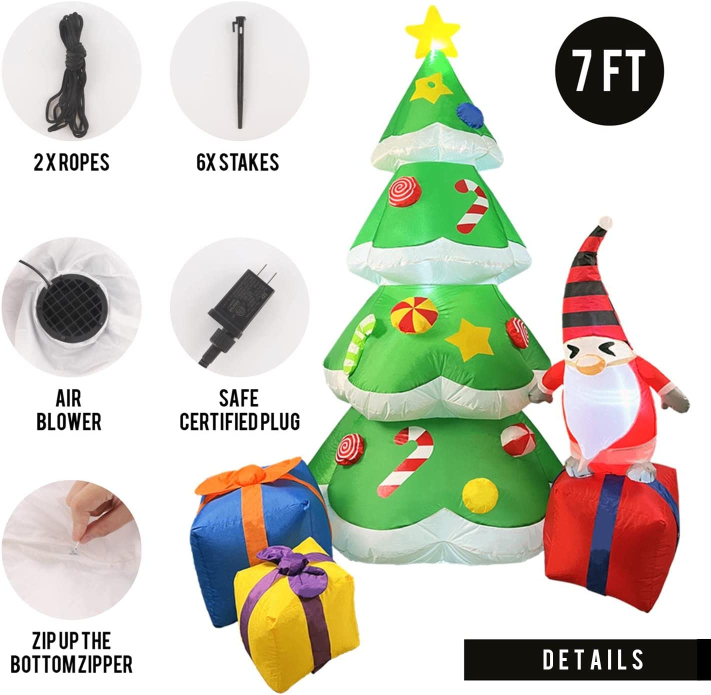 7 FT Inflatable Lighted Christmas Tree w/ 3 Multicolored Gift Boxes & Gnome