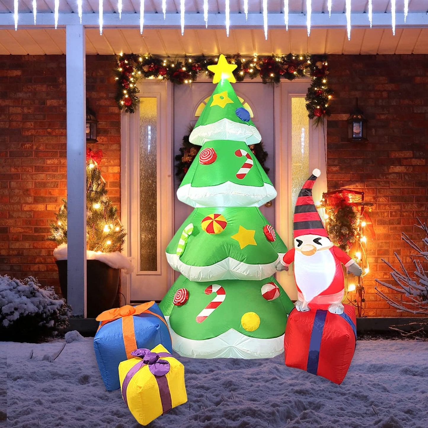 7 FT Inflatable Lighted Christmas Tree w/ 3 Multicolored Gift Boxes & Gnome