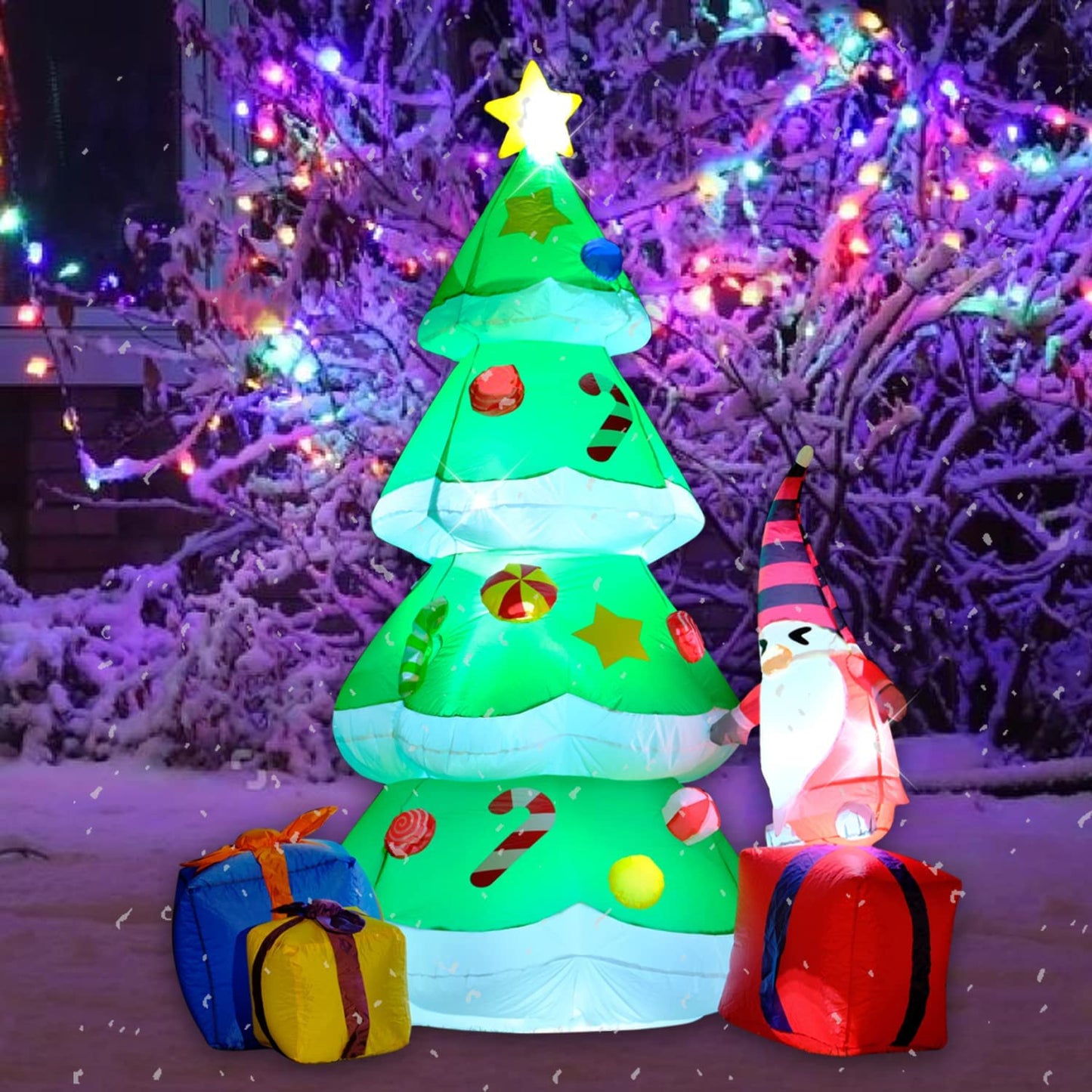 7 FT Inflatable Lighted Christmas Tree w/ 3 Multicolored Gift Boxes & Gnome