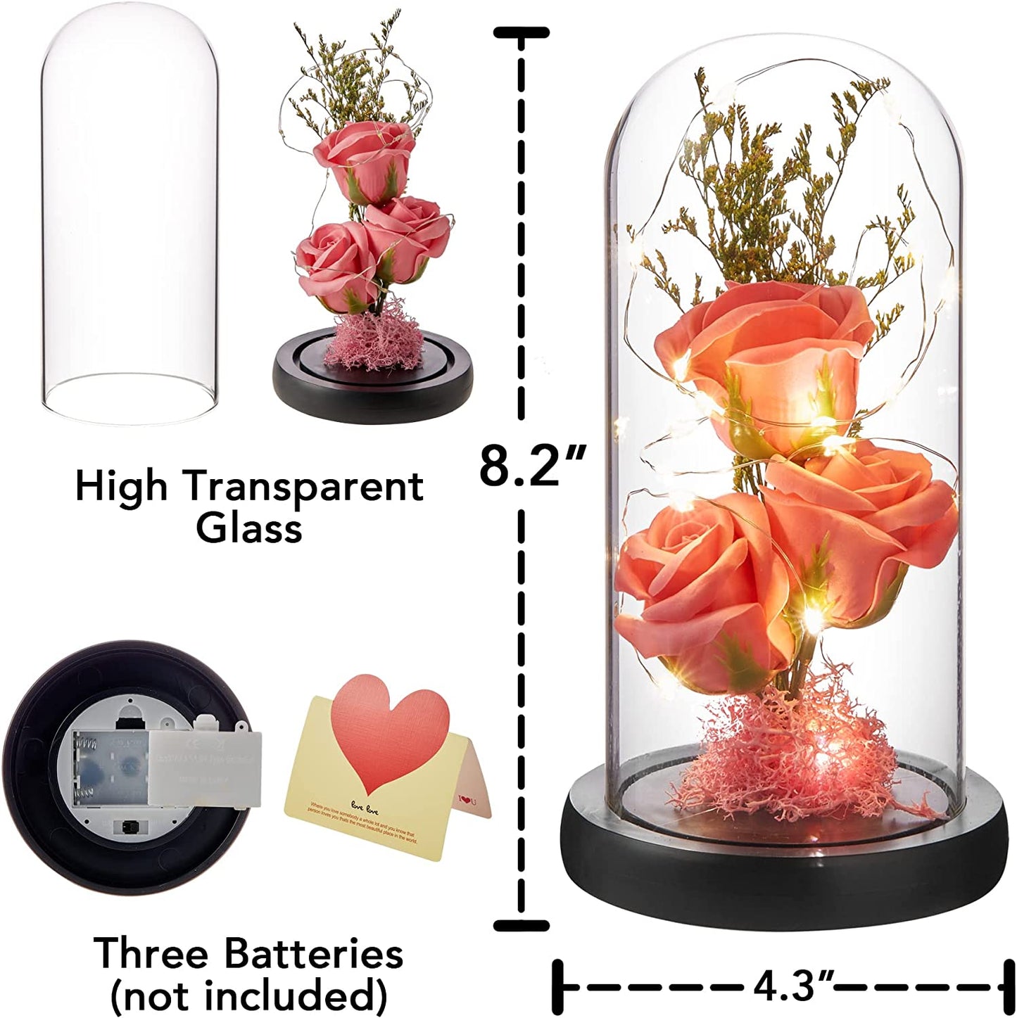 Preserved Flower Gift, Light Up Rose in Glass Dome, Eternal Forever, Rose Pink