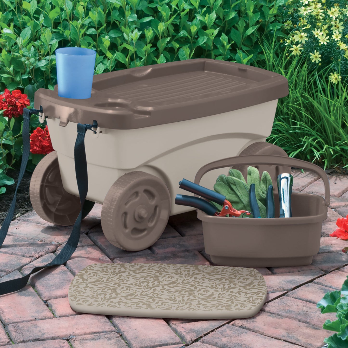 Rolling Garden Scooter w/ Wheels & Pull Strap, Light Taupe