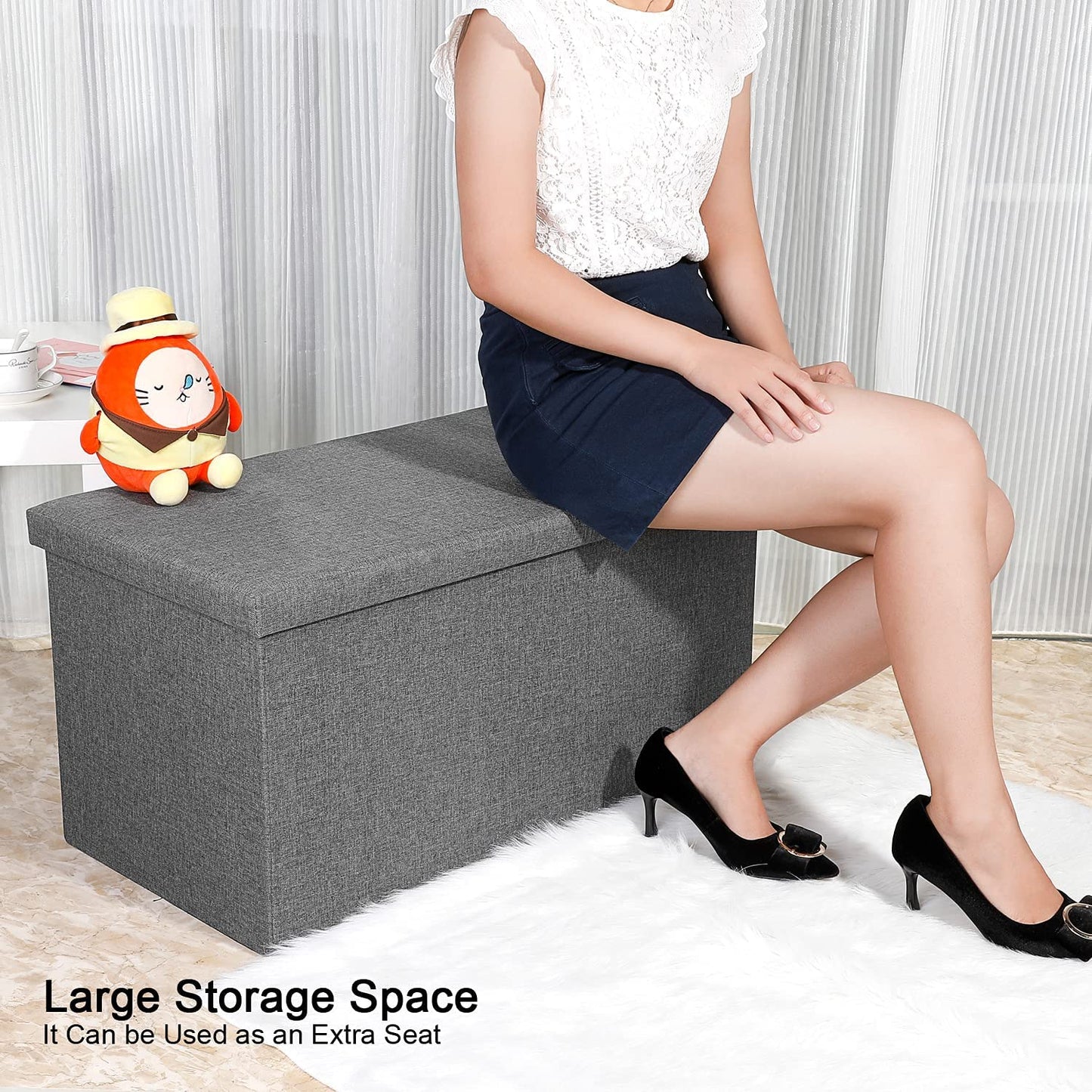 Folding Storage Ottoman Bench w/ Lid Tray, Grey