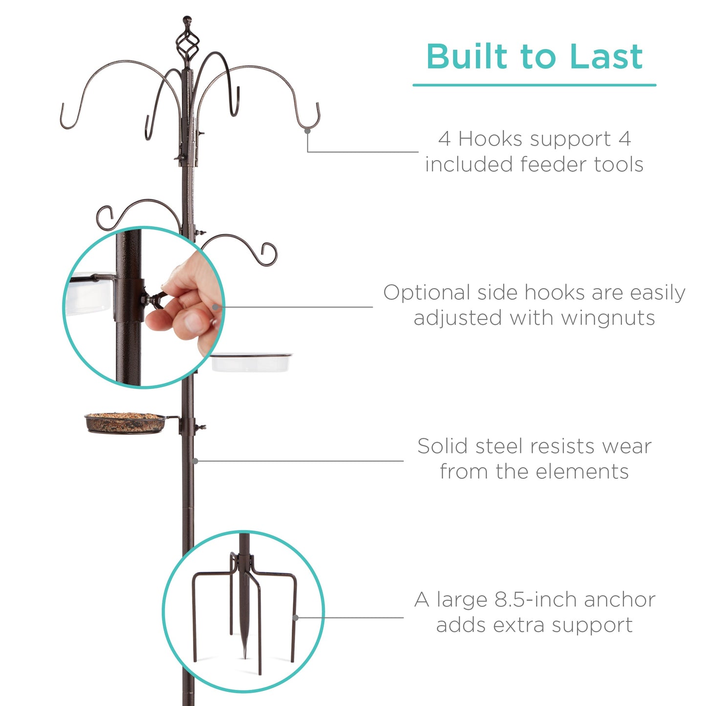 6-Hook Bird Feeding Station, Steel Multi-Feeder Stand w/ 4 Feeders, Tray, Bird Bath