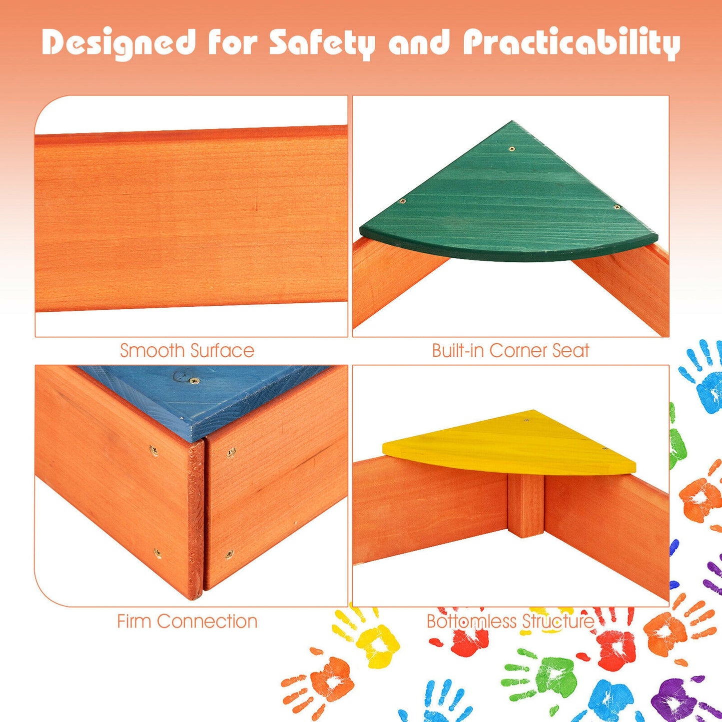 Kids Wooden Backyard Sandbox w/ Built-in Corner Seating