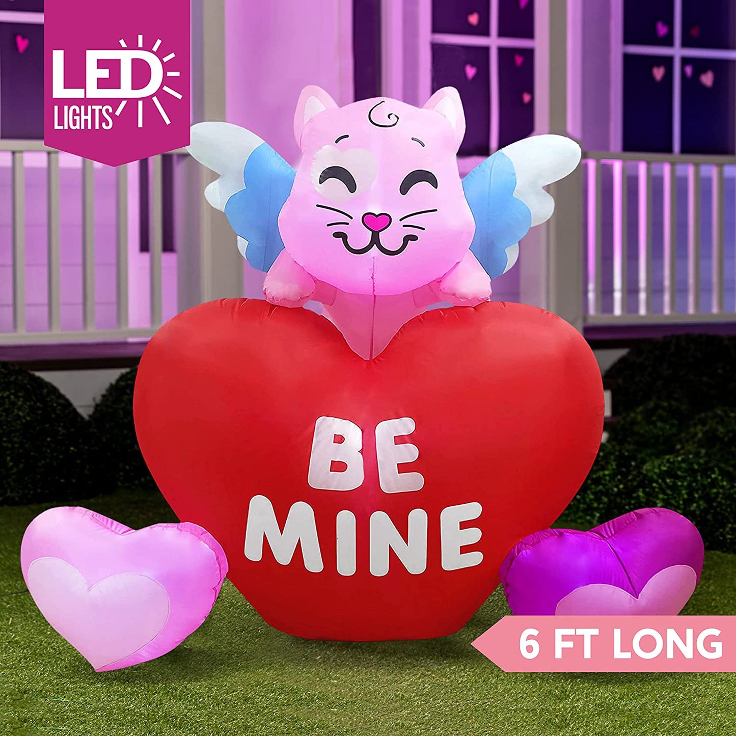 6 FT Long Valentines Day Inflatable Kitty on Hearts, Blow Up Cat with Build-in LED Lights