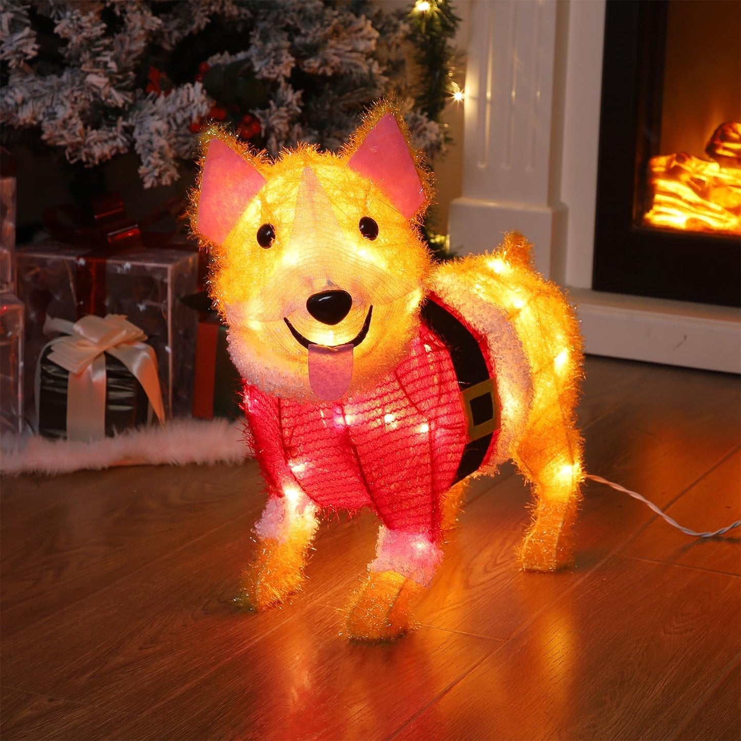 Christmas Outdoor Decoration Lighted Dog, 17 Inch Height Pre-Lit 3D Tinsel Cute Puppy   Holiday Decor with Clear Lights, Light Up & Plug