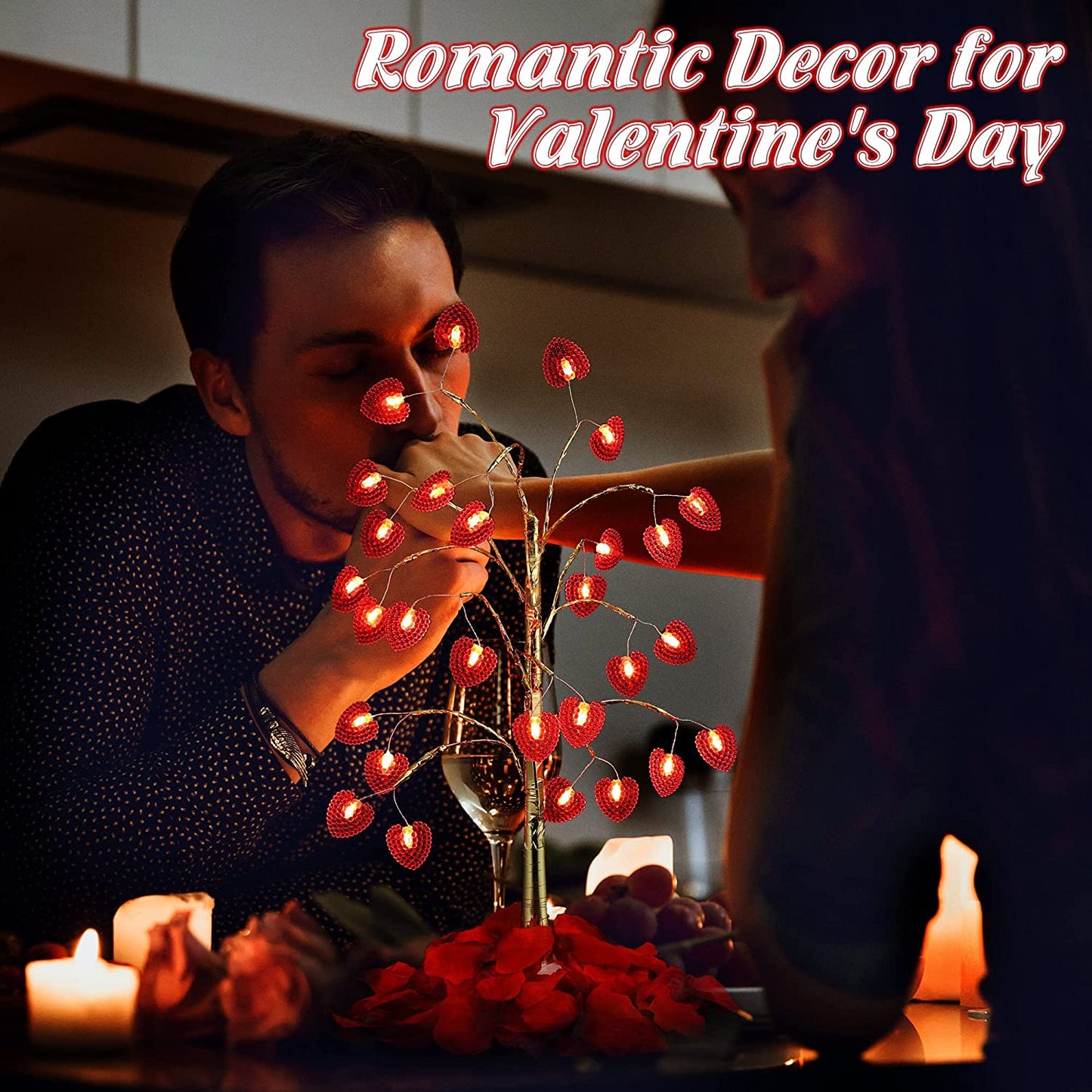 17 Inch Valentines Day Decor Lighted Tree, Tree Lights with 28 LED Heart Lights