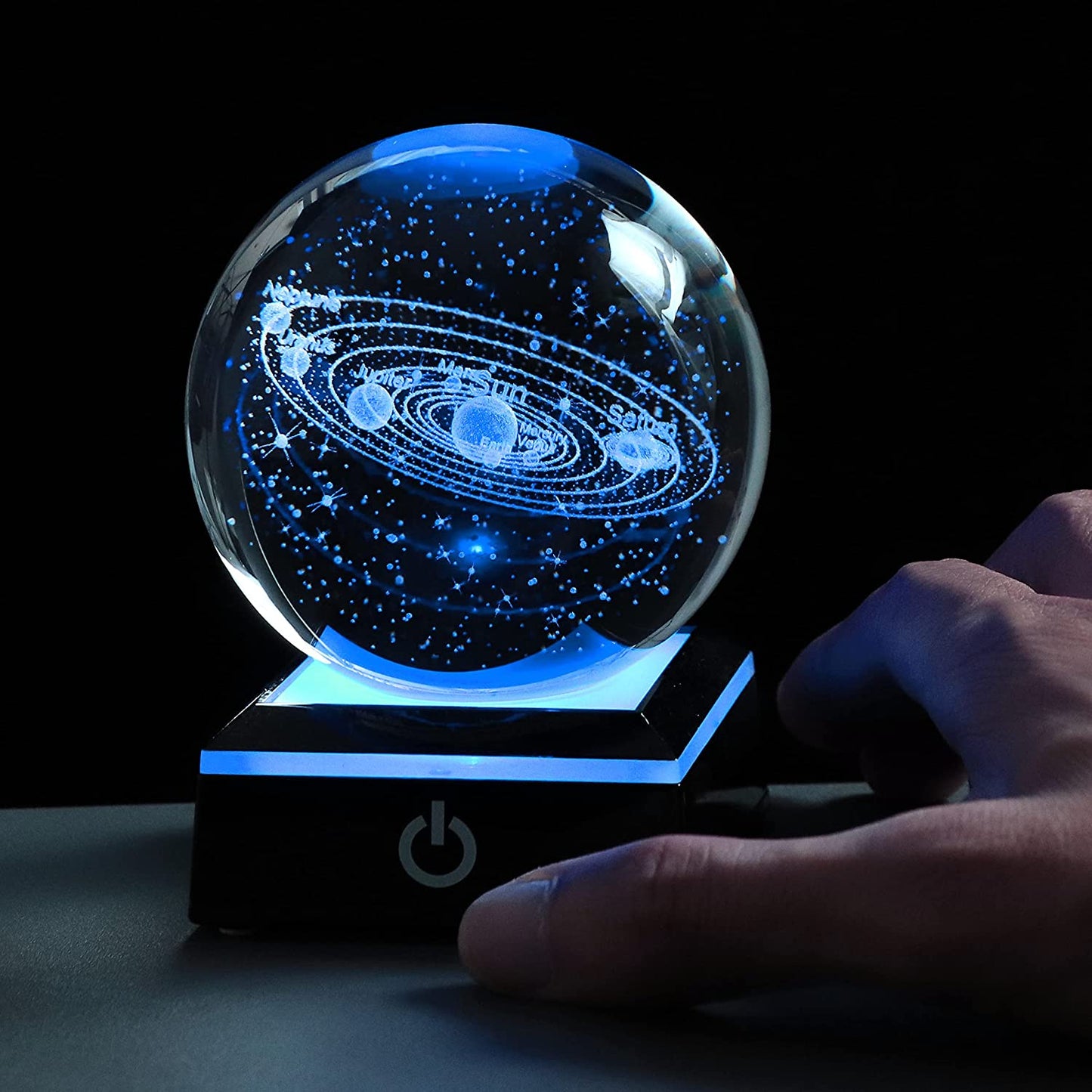 3D Solar System Crystal Ball with LED Colorful Lighting Touch Black Base, Science Astronomy