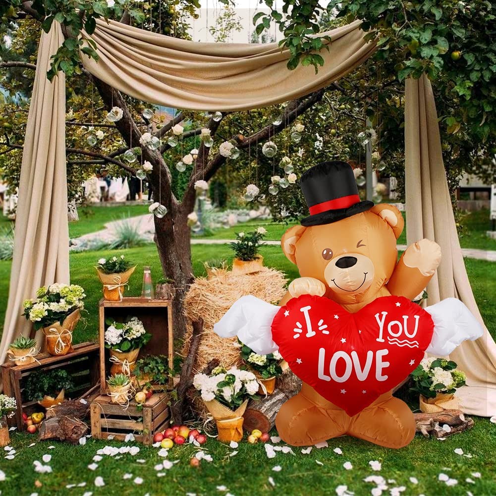 4 FT Valentines Day Inflatable Teddy Bear Outdoor Decoration w/ Love Heart, LED Light