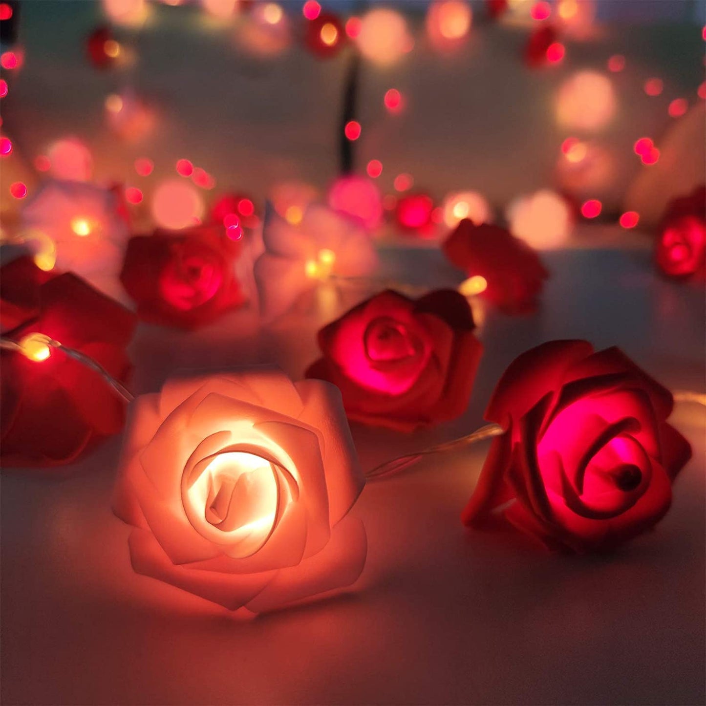 7Ft 20 Led Valentines Rose Lights, Red Pink Rose Fairy Lights (Warm White)