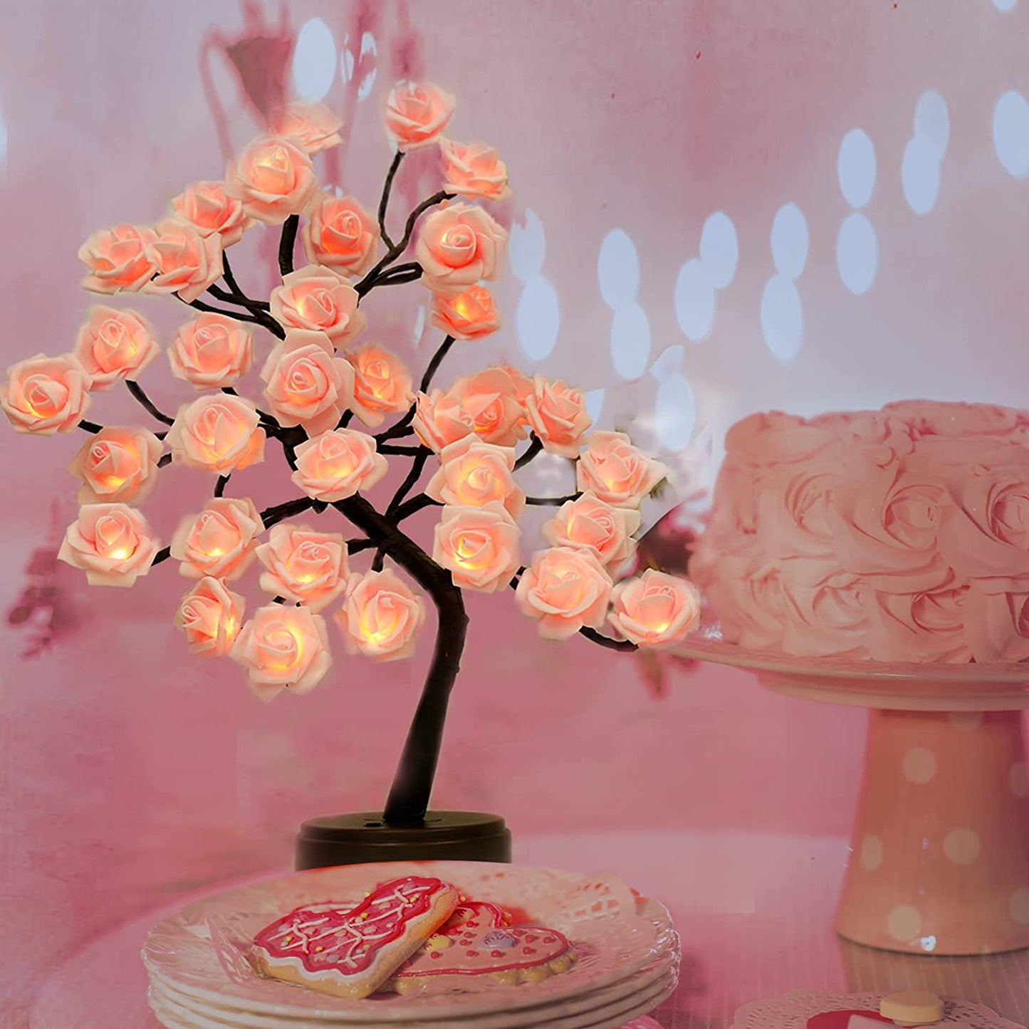 Rose Lamp Gift Mothers Day Decor, 36LED Pink Rose Tree USB/Battery