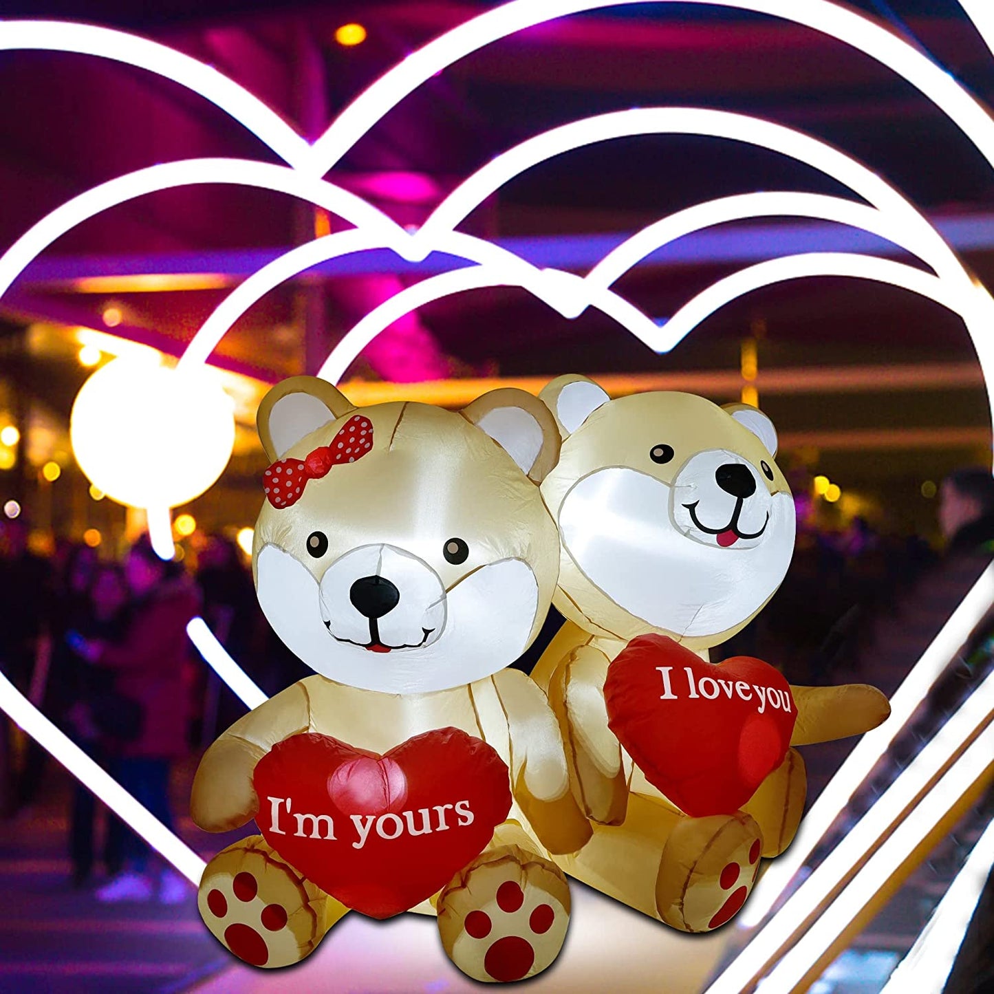 4 FT Valentine's Day Inflatable Bear w/ Heart & LED Lights, Romantic I Love You Decor