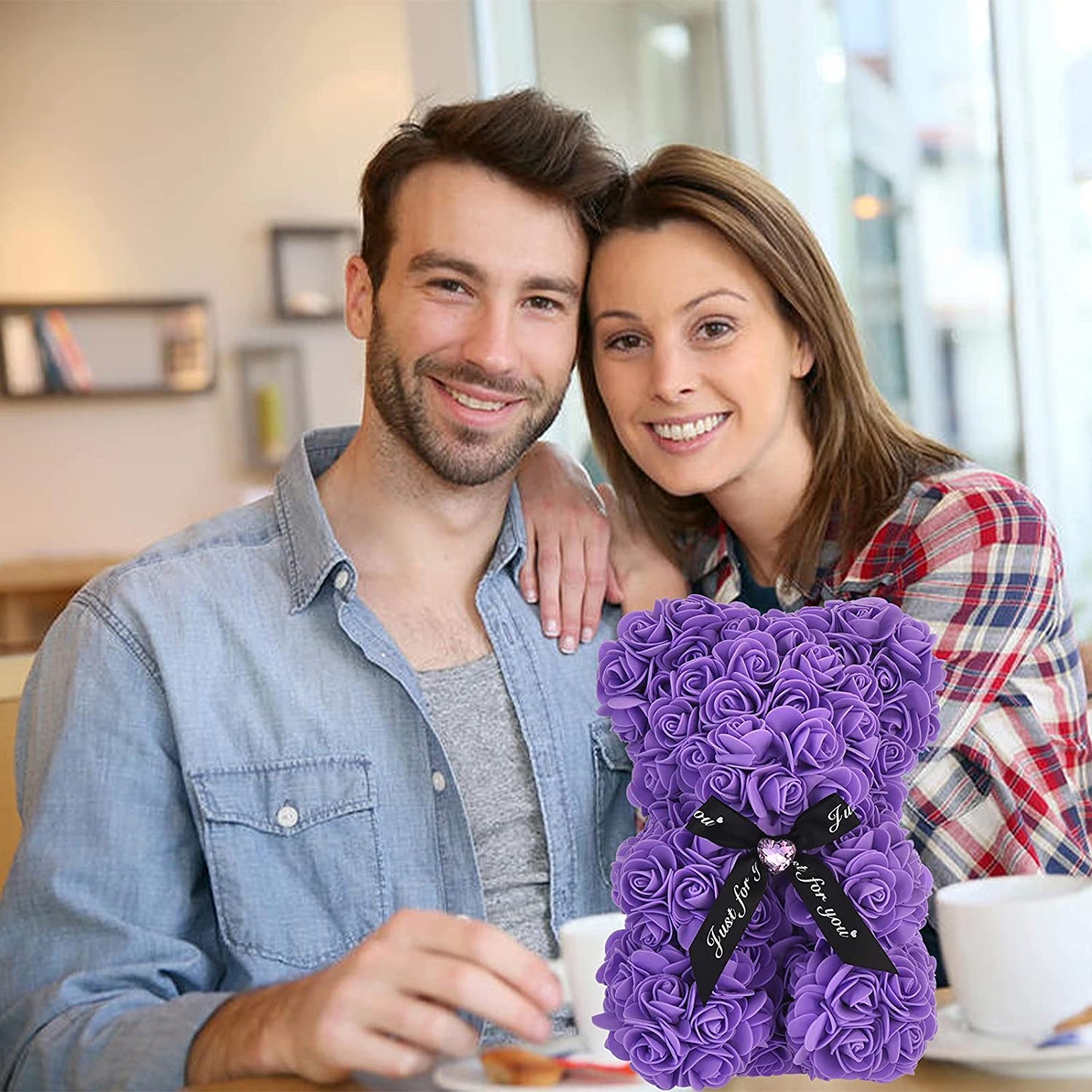 Rose Teddy Bear Flower with Heart-shaped Diamond for Valentine's Day, Purple