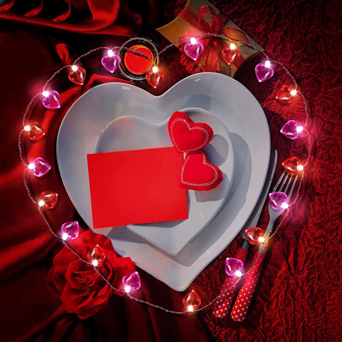 2 Pack Valentines Day Heart String Lights, 60 LED Diamond Cut with Timer, 8 Modes (Red, Pink)