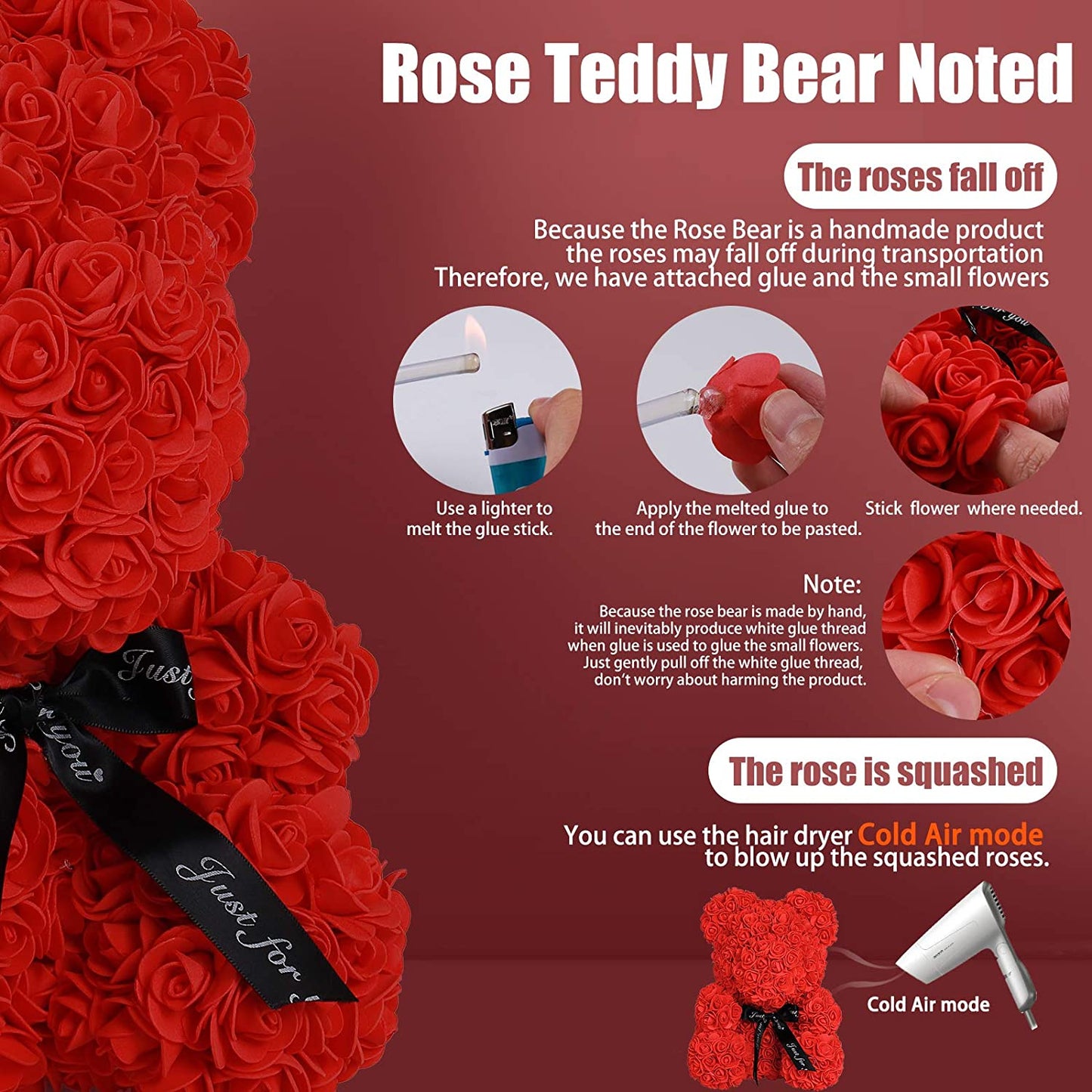 Rose Teddy Bear,10" Flower Bears w/ Lights, Foam Artificial Flower (A-Royal Blue)