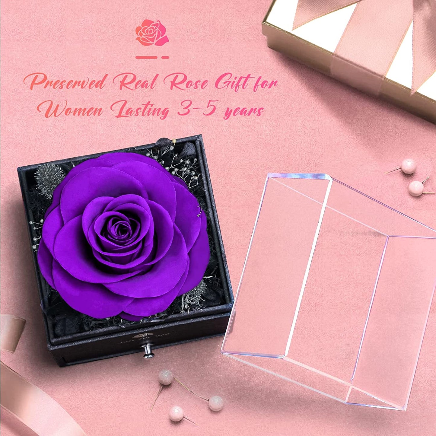 Preserved Purple Real Rose Valentines Gift with Necklace