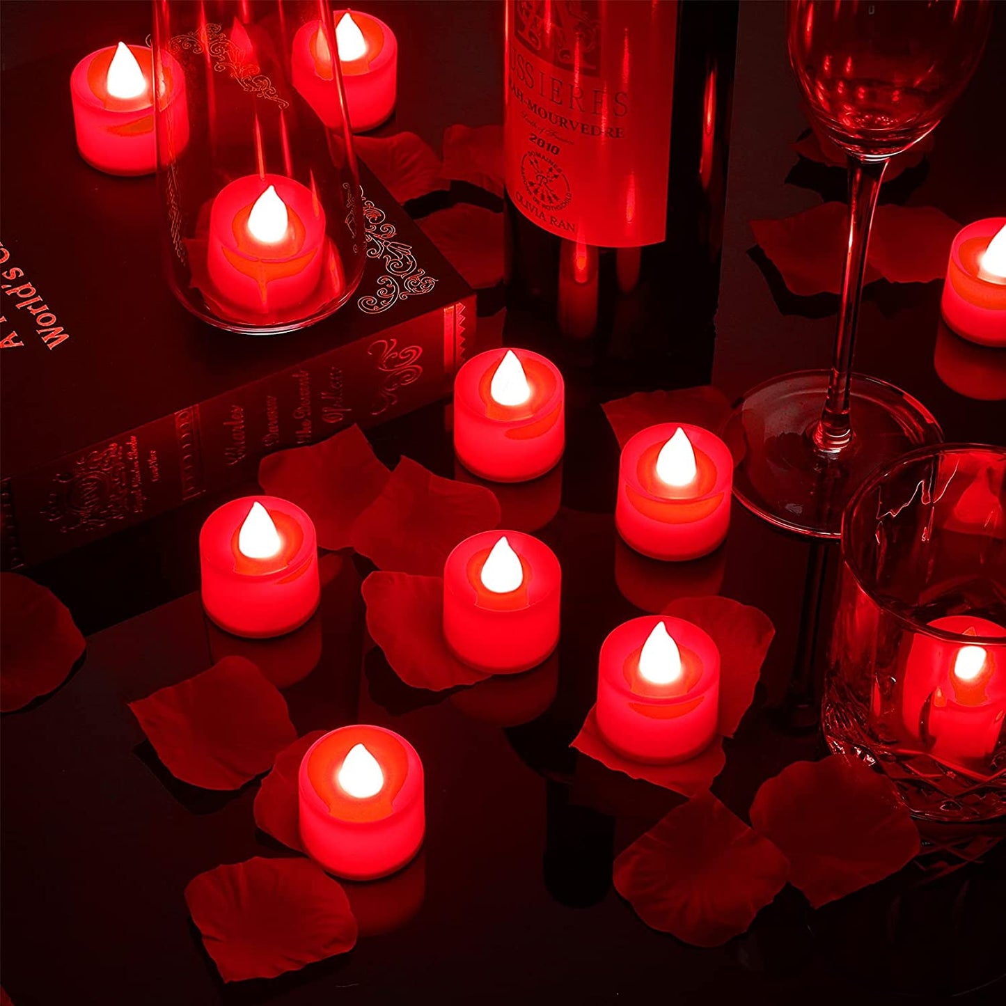 600 Pieces Valentine's Day Artificial Rose Petals w/ 12 Pieces LED Tea Lights Candle (Red Light)