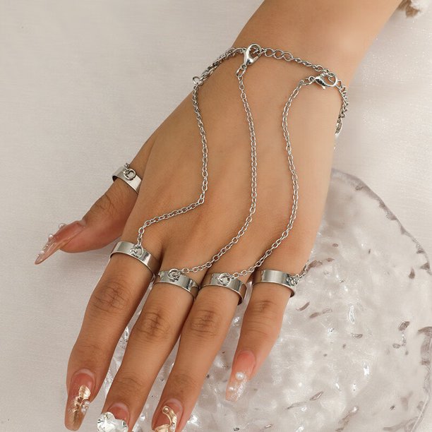 Punk Geometric Chain Wrist Bracelet For Women Men Ring Charm Set