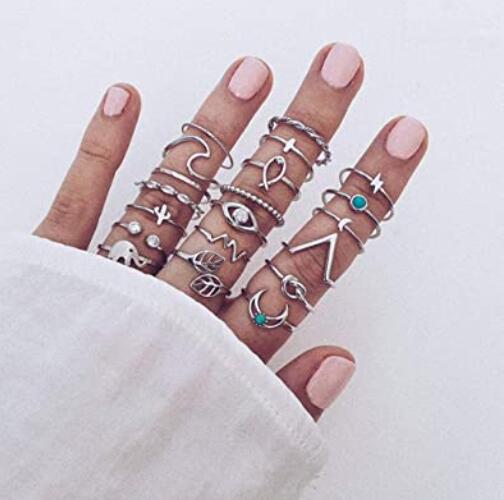 20Pcs Silver Star Moon Knuckle Ring Set for Women