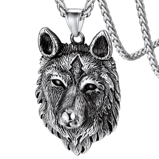 Norse Viking Wolf Pendant Necklace for Men Stainless Steel Scandinavia Jewelry Amulet - Silver