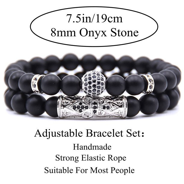 2 Pack Matte Beads Silver  Unisex Obsibian Bracelet