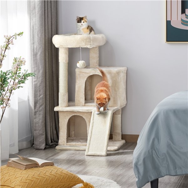 36'' H Cat Tree Tower Cat House with Double Condos Scratching Posts Sisal Rope Furry Ball for Cats and Kittens, Beige