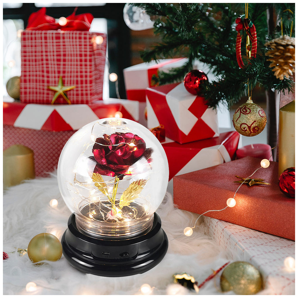 Rose Flower in Glass Dome Floral Globe w/ LED Light