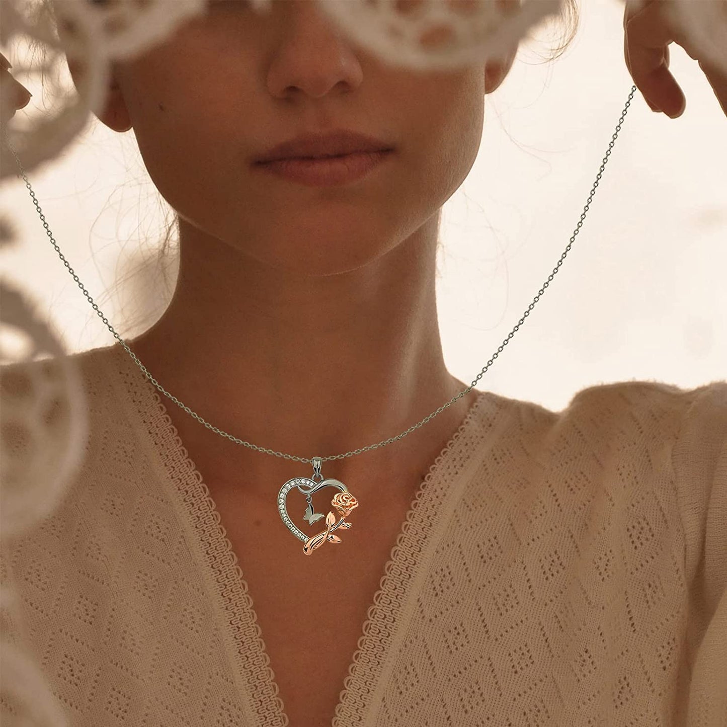 Heart Shaped Butterfly Rose Pendant Necklace 925 Sterling Silver, 14k Gold Plated