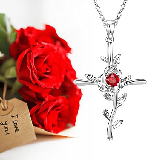 Valentines Day Birthday Gifts Mom Love Rose Hope Leaves Necklace for Wife 925 Sterling Silver January February Birthstones Garnet Amethyst Jewelry Gifts for Women