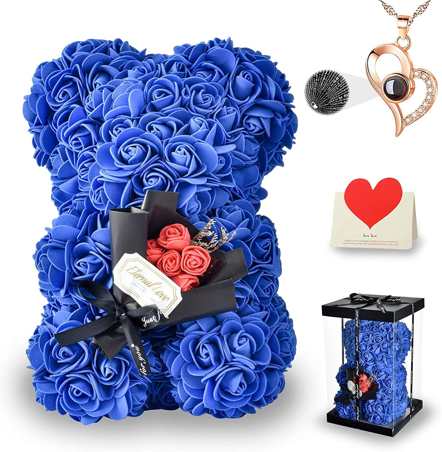 Blue Rose Bear Valentines Day Gifts for Her w/  Box & I Love You Necklace