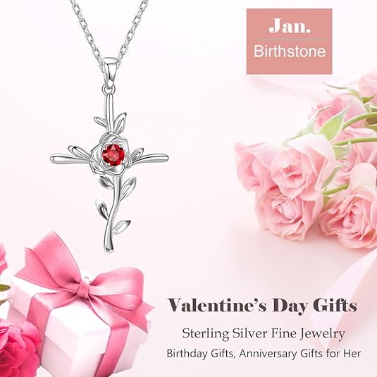 Valentines Day Birthday Gifts Mom Love Rose Hope Leaves Necklace for Wife 925 Sterling Silver January February Birthstones Garnet Amethyst Jewelry Gifts for Women