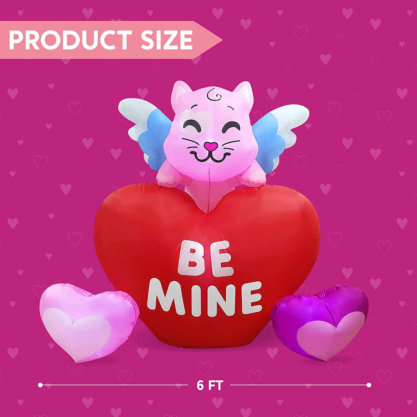 6 FT Long Valentines Day Inflatable Kitty on Hearts, Blow Up Cat with Build-in LED Lights