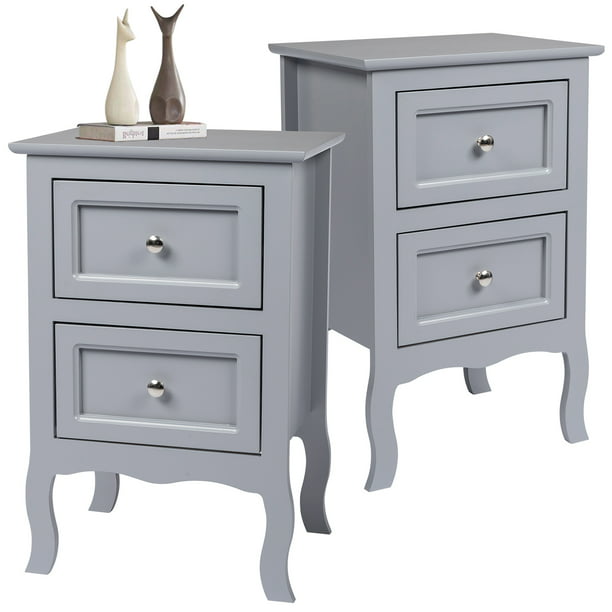 Set of 2 Nightstand Bedroom Bedside Table with Drawers Storage, Country Style Night End Table with Mental Handle, Gray