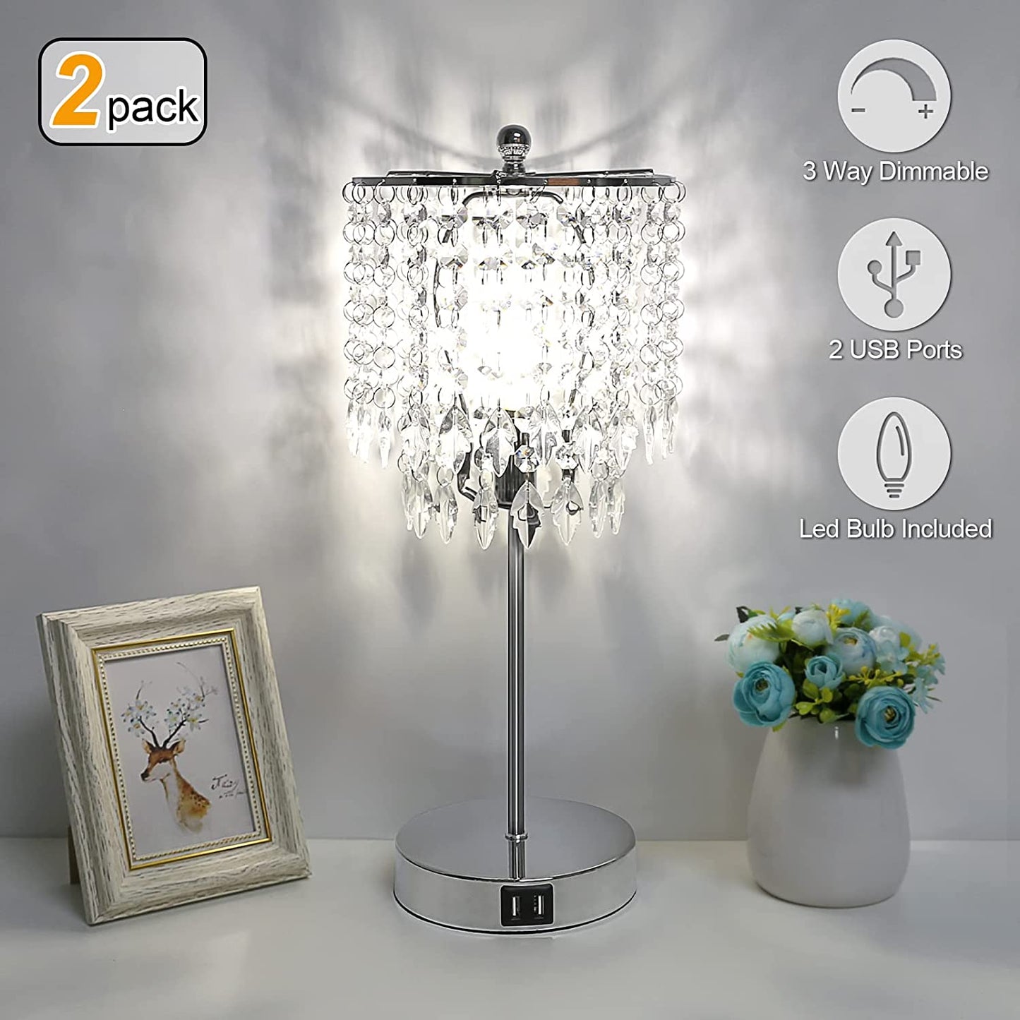 Crystal Touch Control Table Lamp w/ 2 USB Charging Ports