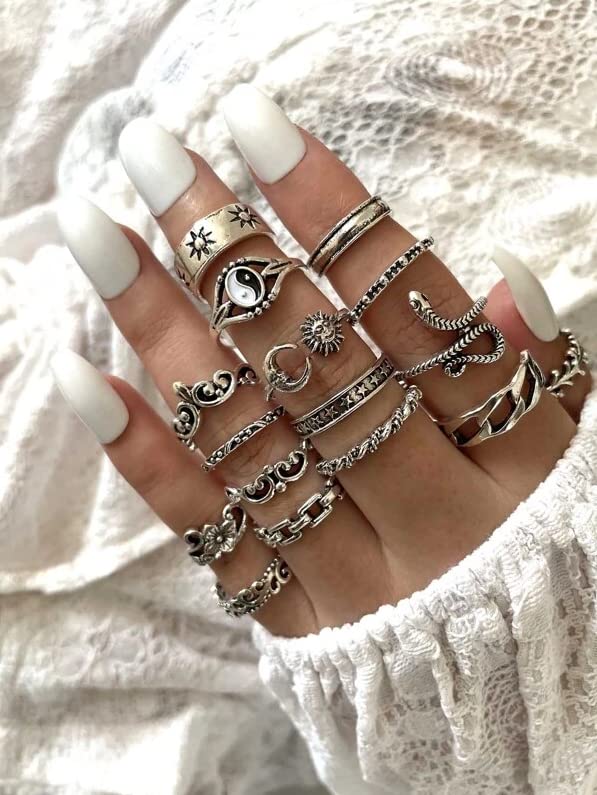 Cool Silver Vintage Gothic Punk Rings Set for Men Girls Women