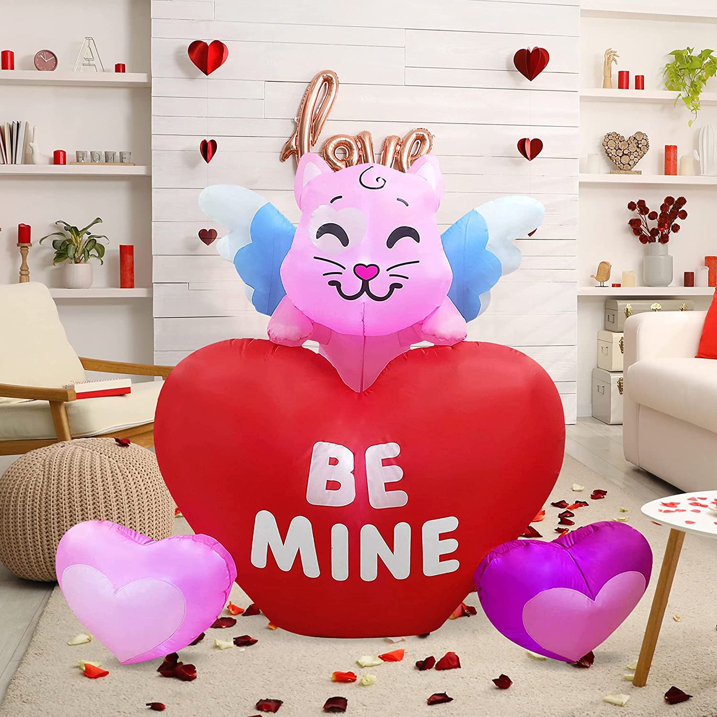 6 FT Long Valentines Day Inflatable Kitty on Hearts, Blow Up Cat with Build-in LED Lights