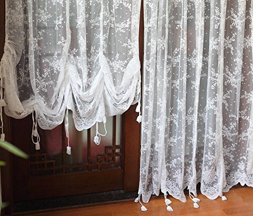 Lace Balloon Curtain White Adjustable Tie-Up Curtain Shade, Embroidered Semi Sheer 1 Panel