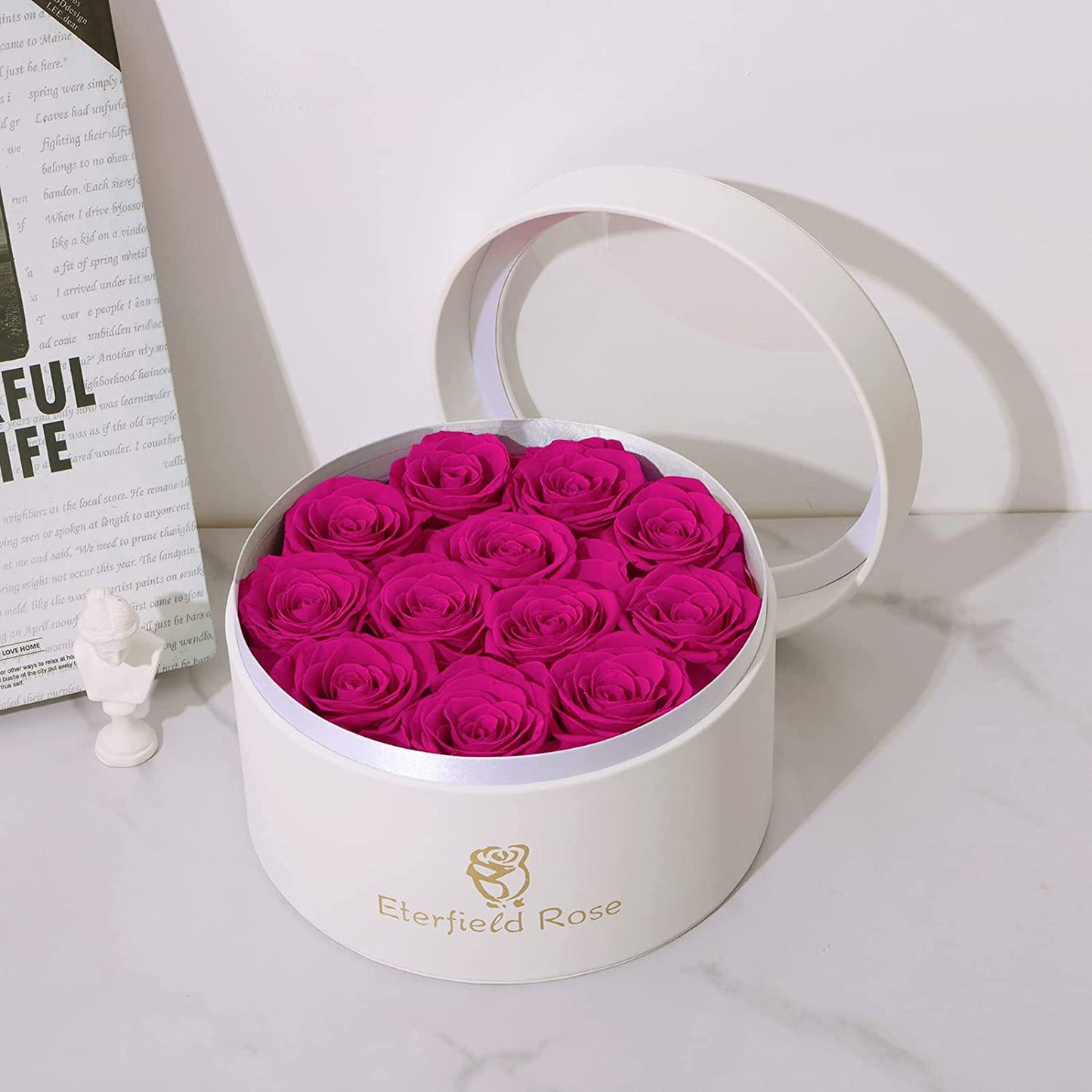 Eternal Rose in a Box Real Rose Without Fragrance Gift for Her (12 Hot Pink Roses, Round White PU Leather Box)