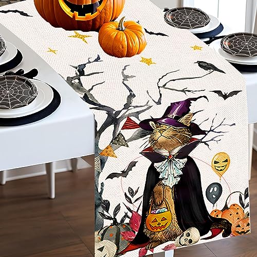 Pumpkins Cat Halloween Table Runner Trick Or Treat Kitchen Dining Table Decoration for Outdoor