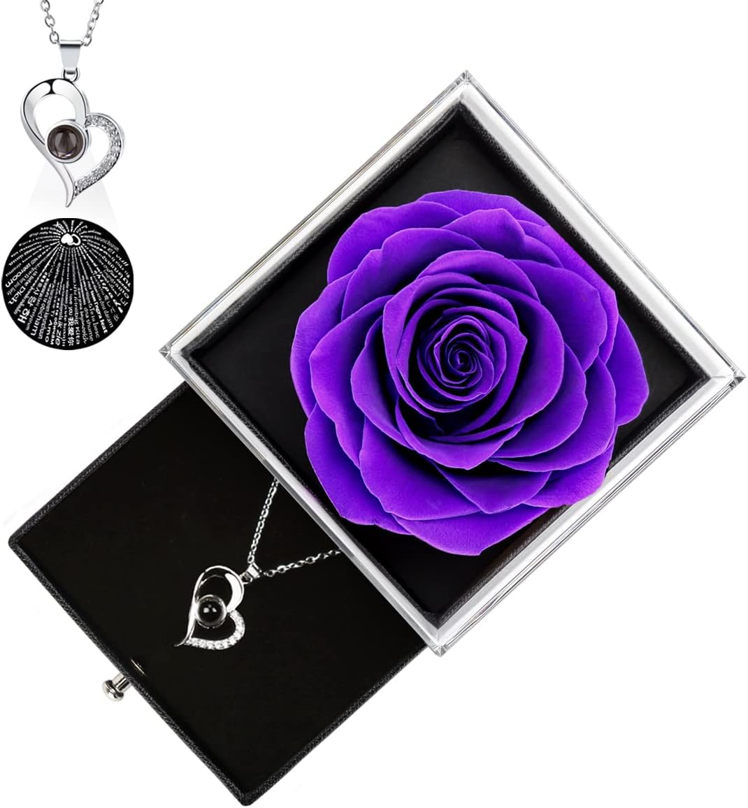 Wedding Gifts, Anniversary Preserved Real Rose Gift with Heart Necklace Gift Set, Handmade Eternal Real Purple Rose Gifts for Mom/Wife/Her