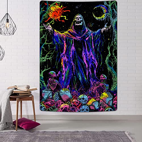 Blacklight Skull Tapestry UV Reactive Sun Moon Tapestries Gothic Wizard Skeleton Tapestry Colorful Witchy