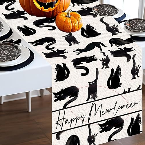 Pumpkins Cat Halloween Table Runner Trick Or Treat Kitchen Dining Table Decoration for Outdoor