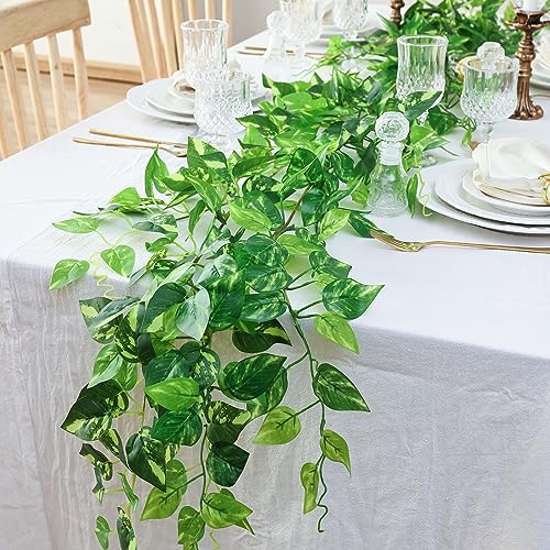 2 Strands Artificial Vines Scindapsus Garland 6FT Real Touch Fake Vine with Silk Green Leaves Faux Hanging Plants